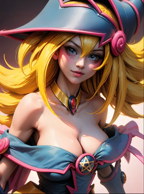 half body shot de dark magician gils. Beautiful face of dark wizard gils.. blue eyes. long and thick eyelashes. pink lips. white teeth. Golden Arts. gold necklace. long blonde hair. pink blush on the cheeks. brio in the eyes. Glass and neon eyes. flirtatio...