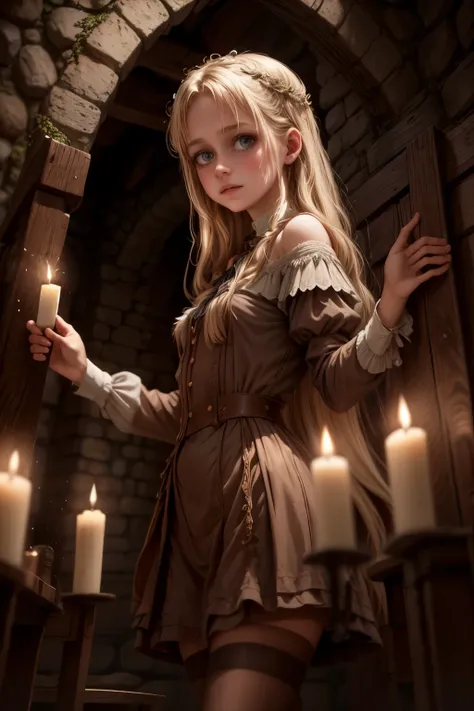 llustration of 15 years old Virginia Otis blonde hair blue eyes youngest cute face, from the Canterville Ghost, furtively observing a group of followers of the Goddess Freia who are celebrating a forbidden ritual inside a mysterious cave. We are sure that ...