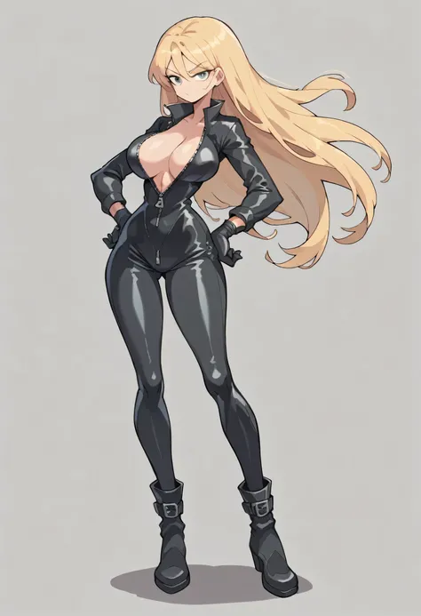 Masterpiece, best quality, Masterpiece, best quality, 1 woman, long blonde hair , Tight black leather motorcycle suit , unzipped , big breasts , abdomen , Long legs , Put your hands on your hips.. , boots , full body 