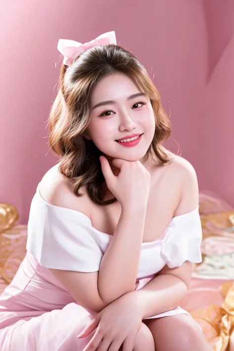 there is a woman sitting on a bed with a pink dress, lovely woman, close - up studio photo, chinese girl, photo taken with nikon d 7 5 0, photo taken with nikon d750, bbwchan, chinese woman, xintong chen, beautiful young korean woman, inspired by Huang Ji,...