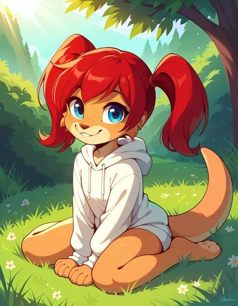 score_9, score_8_up, score_7, rating_ safe, source_furry, furry, camille_w, solo, red hair, twintails, blue eyes, hoodie, (kanga...