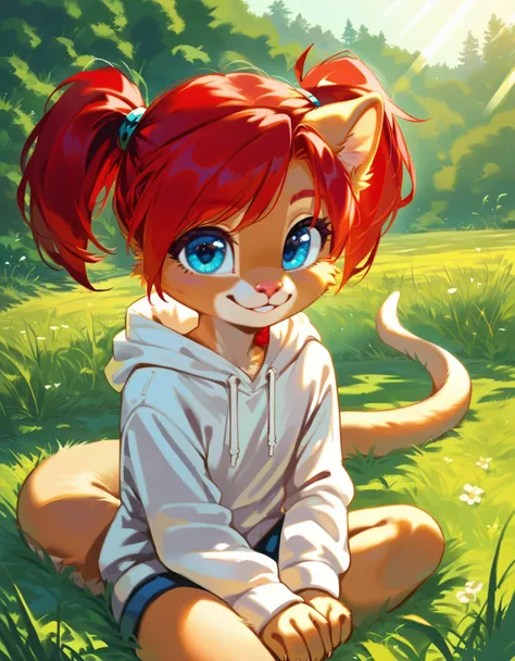 score_9, score_8_up, score_7, rating_ safe, source_furry, furry, camille_w, solo, red hair, twintails, blue eyes, hoodie, (kanga...