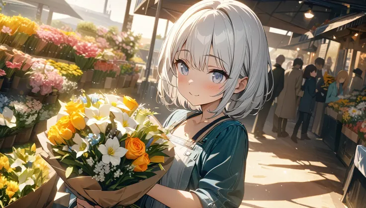 ((ultra-detailed))/(one women with short white hair and bob hair.、beautiful silver eyes,.、smile、gentle smile on her face、flat chest, one Beautiful girl,((masterpiece, illustration, best quality) ((ultra-detailed))/)Masterpiece,Spring Morning, Flower Market...