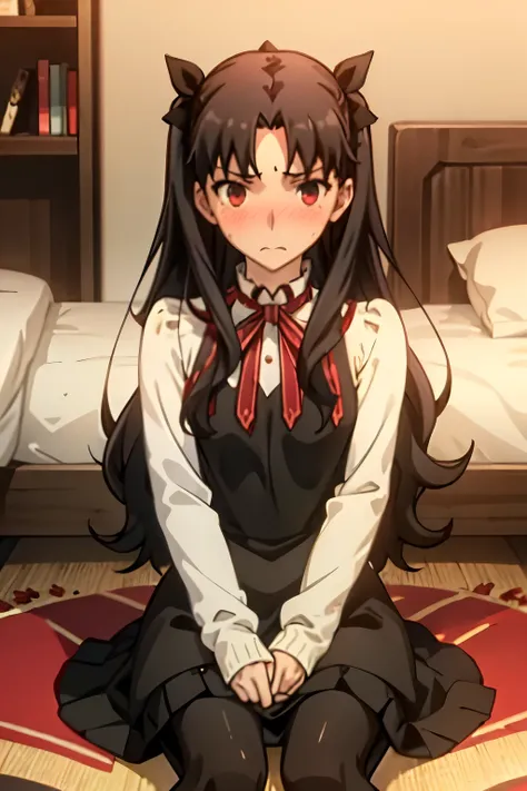 (Highest quality:1.1), (masterpiece:1.4), (Absurd:1.0), 
One Girl, Tohsaka Rin、Black Hair、Long Hair、Medium chest、Looking at the audience、Bedroom、(blush:1.2)、Embarrassed expression、((pantyhose))、((Knitted dress))、((sit))、