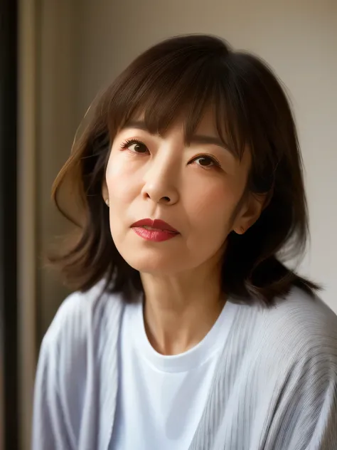 One Japanese woman、65 years old、Hes wearing a plain white T-shirt and facing me、Hes glaring at me with a look of contempt、He has a bob cut that reaches the middle of his neck、natural light makeup、Glossy Red Lips、He looks like hes about to punch me、Backgrou...