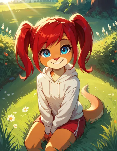 score_9, score_8_up, score_7, rating_ safe, source_furry, furry, camille_w, solo, red hair, twintails, blue eyes, hoodie, (kanga...