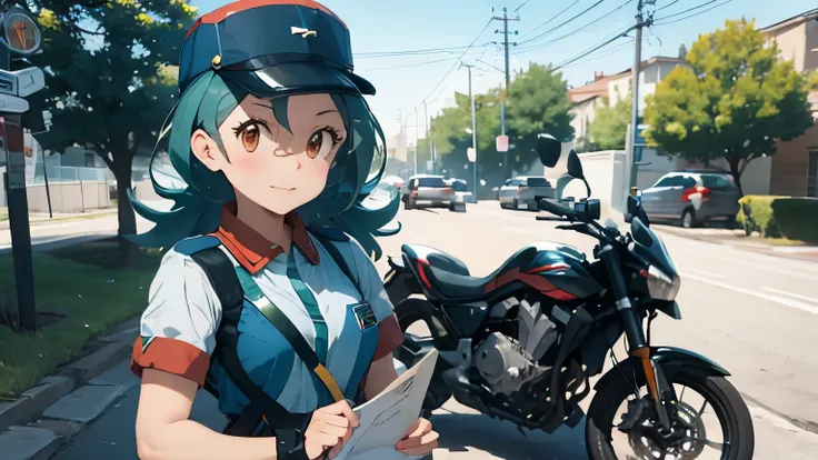 (high quality)(hd)(4k)officer jenny from the pokemon series, on top of a parked motorcycle, handing over a paper with a photogra...