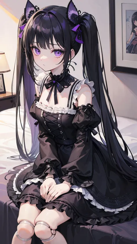 ((masterpiece、Highest quality、Very detailed))、One person、Black Hair、Long Hair、twintails、blunt bangs、Purple eyes、expression、Small breasts、((gothic lolita))、((doll joints))、Cowboy Shot、Sit on the bed、Bedroom Background