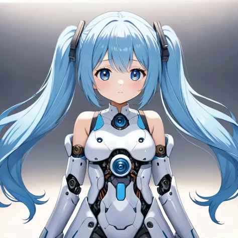 Light blue long hair、Beautiful girl with twin tails、There are little robot girls around.