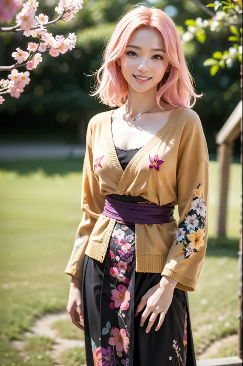 highly detailed and intricate background, full body shot, absurdist, high resolution, ultra detailed, Japanese fashion model, Yae Miko, bright smile, pink hair, purple eyes, (floral branch:1.3), (Zentangle:1.2), (Geometric:1.2), colorful