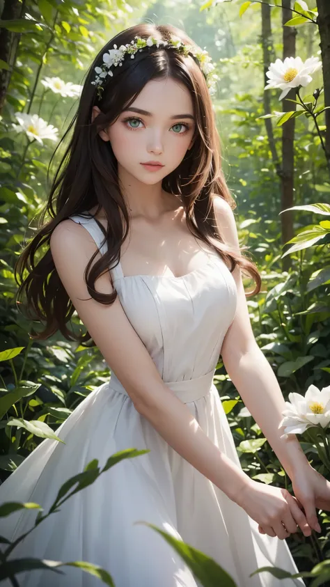 beautiful brunette girl with green eyes wearing a white dress in a beautiful forest full of flowers, photoshoot