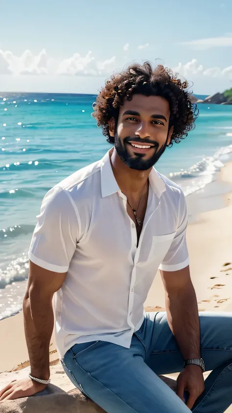 Um homem brasileiro, tall and dark-skinned, with curly hair and a well-groomed beard, Wearing a white shirt and jeans, sitting on a paradisiacal beach, observing the sea with a tranquil smile