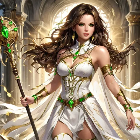 Kate Beckinsale, sexy Greek superheroine who is a demigoddess , green eyes and long dark brown hair. She wears a white and gold outfit , she has bracelets that are gold, and has long white boots with a golden outline . she holds a long spear , She also wea...