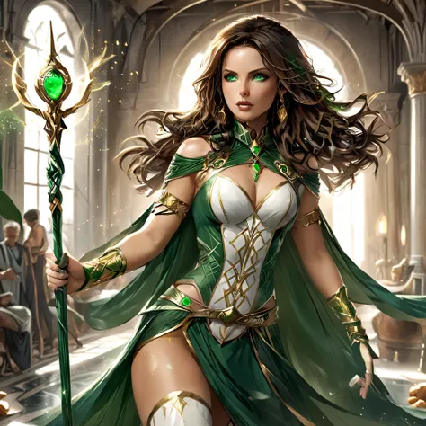 Kate Beckinsale, sexy Greek superheroine who is a demigoddess , green eyes and long black brown hair. She wears a black and gold outfit , She has bracelets that are silver, and has long white boots with a golden outline . she holds a long spear , She also ...