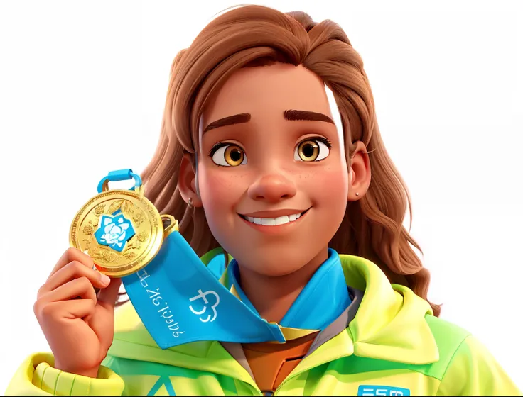 Create an avatar of a 2023 gold medal winner with light brown hair and light brown skin.