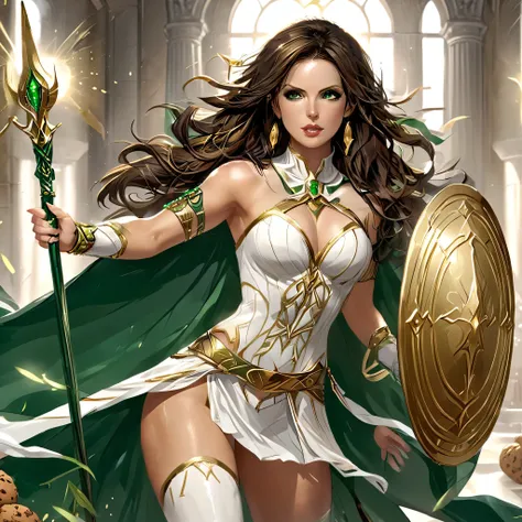 Kate Beckinsale, sexy Greek superheroine who is a demigoddess , green eyes and long black brown hair. She wears a black and gold outfit , She has bracelets that are silver, and has long white boots with a golden outline . she holds a long spear , She also ...