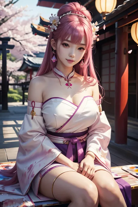 1girl, (ulzzang-6500:0.7), kpop idol, yae miko, detached sleeves, bare shoulders, pink hair, long hair, japanese clothes, best quality, (painting:1.5), (hair ornament:1.35), jewelry, purple eyes, earrings, breasts, torii,  cherry blossoms,  lantern light, ...