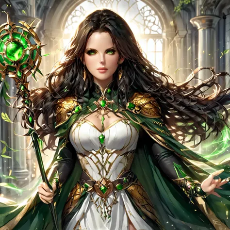 Kate Beckinsale, sexy Greek superheroine who is a demigoddess , green eyes and long black hair. She wears a black and gold outfit , She has bracelets that are silver, and has long white boots with a golden outline . she holds a long spear , She also wears ...