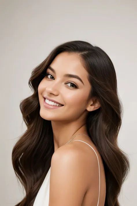 This image features a stunning woman with a radiant smile and perfectly styled long hair. The woman is showcasing a warm smile that brightens her face, highlighting her beautiful features. Her long hair, falling in soft, glossy waves, is a standout element...