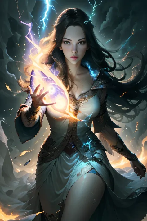 1 beautiful woman "liv tyler"，(caucasian skin)， fire storm, lightning in the hand, a skirt,glowing light eyes，light in eyes