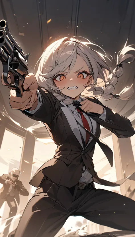 masterpiece,Highest quality,One person,Simple business suit,Hitman,Poised with a revolver, gazing at the viewers,Tea-colored hair, side braids,Large double eyes,Gritting their teeth, enjoying the fight