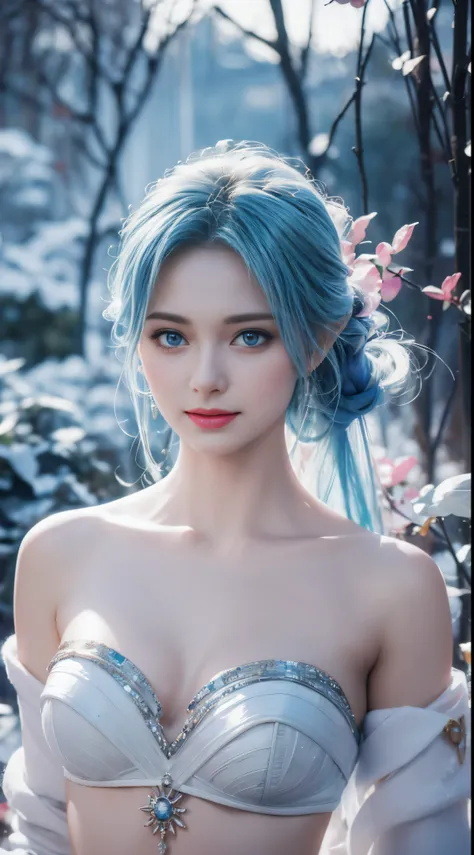 Realistic, A full portrait of a young girl, Perfect body, perfect professional pose, 20-year-old. Musical blue hair, Beautiful and realistic light blue eyes; Beautiful white teeth, Smile, Charm, Create the most beautiful and perfect face in the world, Hand...