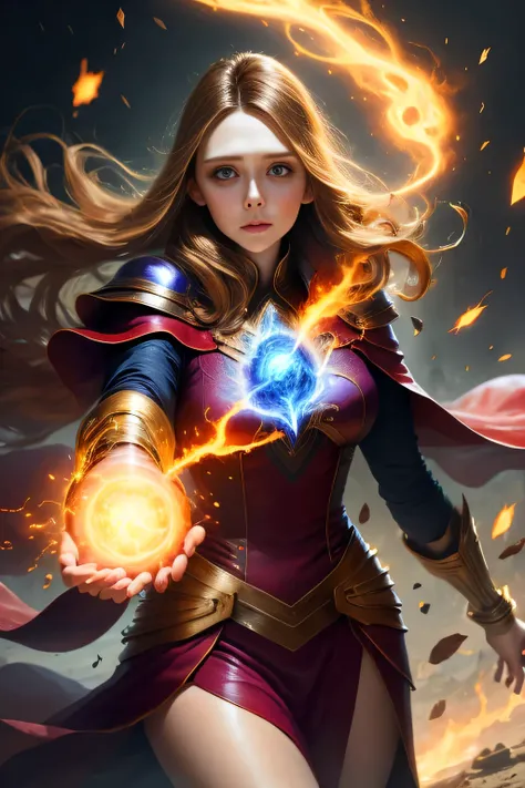 1 beautiful woman "Elizabeth Olsen"，(Caucasian skin)， fire storm, Lightning in the hand, a skirt,glowing light eyes，light in eyes