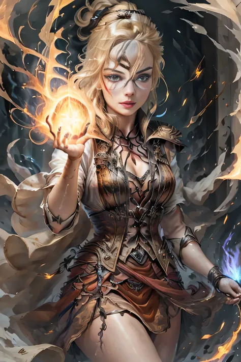 1 beautiful woman "Margot Robbie"，(Caucasian skin)， fire storm, Lightning in the hand, a skirt,glowing light eyes，light in eyes