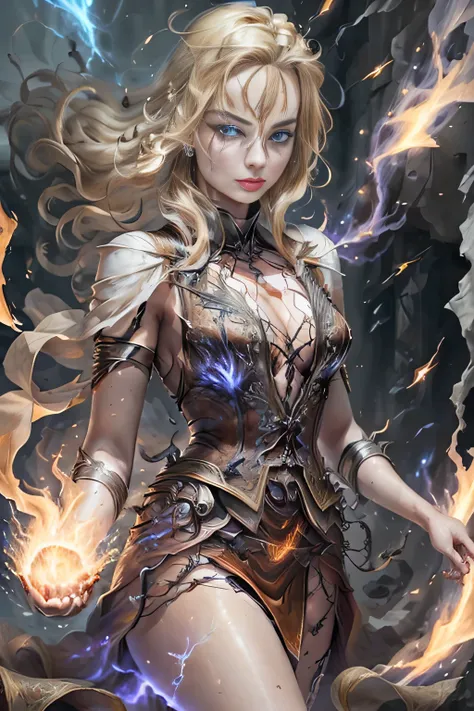 1 beautiful woman "Margot Robbie"，(Caucasian skin)， fire storm, Lightning in the hand, a skirt,glowing light eyes，light in eyes