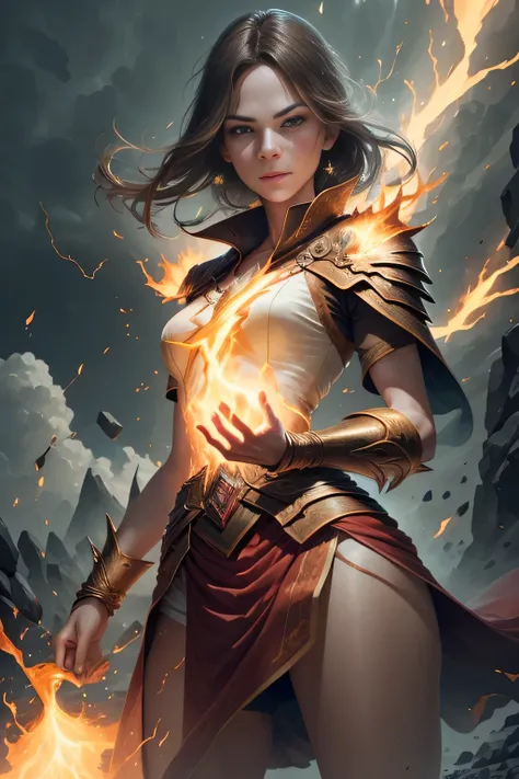 1 beautiful woman "Michelle Monaghan"，(Caucasian skin)， fire storm, Lightning in the hand, a skirt,glowing light eyes，light in eyes