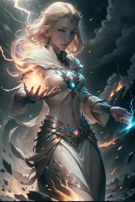 1 beautiful woman "cate blanchett"，(caucasian skin)， fire storm, lightning in the hand, a skirt,glowing light eyes，light in eyes