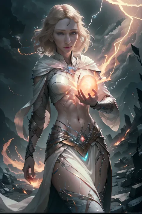 1 beautiful woman "Cate Blanchett"，(Caucasian skin)， fire storm, Lightning in the hand, a skirt,glowing light eyes，light in eyes