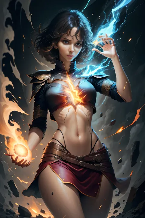 1 beautiful woman "halle berry"，(caucasian skin)， fire storm, lightning in the hand, a skirt,glowing light eyes，light in eyes