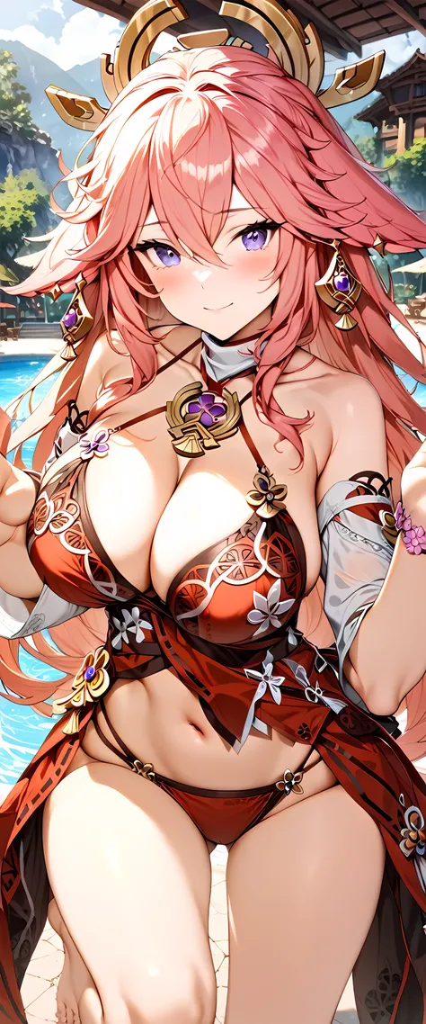 (masterpiece), best quality, expressive eyes, perfect face,1girl,yae miko,genshin impact,big breasts,sexy bikini,string bikini,poolside,standing,blush,beach resort,legs crossed,sexy pose,(bare shoulders),flower bracelets,smile,mouth open,looking at viewer,...