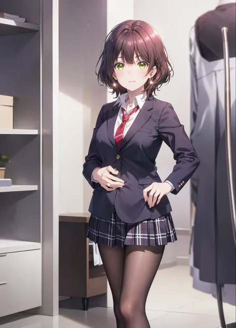 Seven days, Aoi Hinami, short hair, bangs, Brown Hair, (Green Eyes:1.5), smile,
break skirt, shirt, Long sleeve, school uniform, Jacket, white shirt, Pleated skirt, tie, collared shirt, Plaid, Plaid skirt, blazer, red tie,Black pantyhose,loafers,During pre...