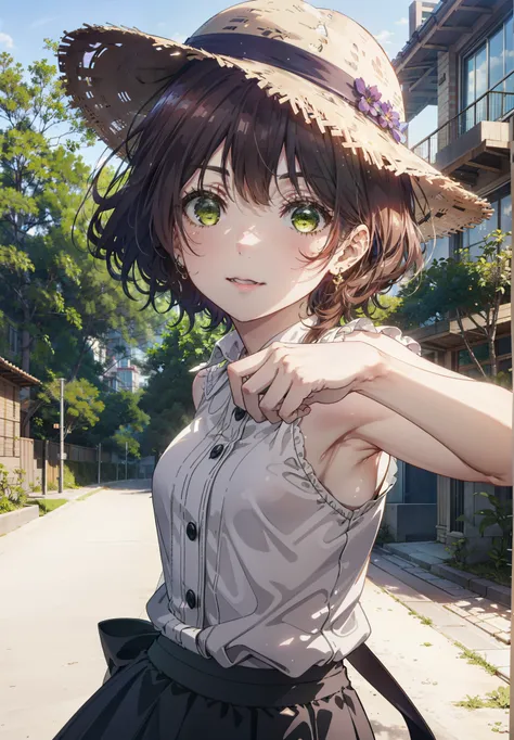 seven days, aoi hinami, short hair, bangs, brown hair, (green eyes:1.5), smile,straw hat,sleeveless dress,bare arms,long skirt,c...