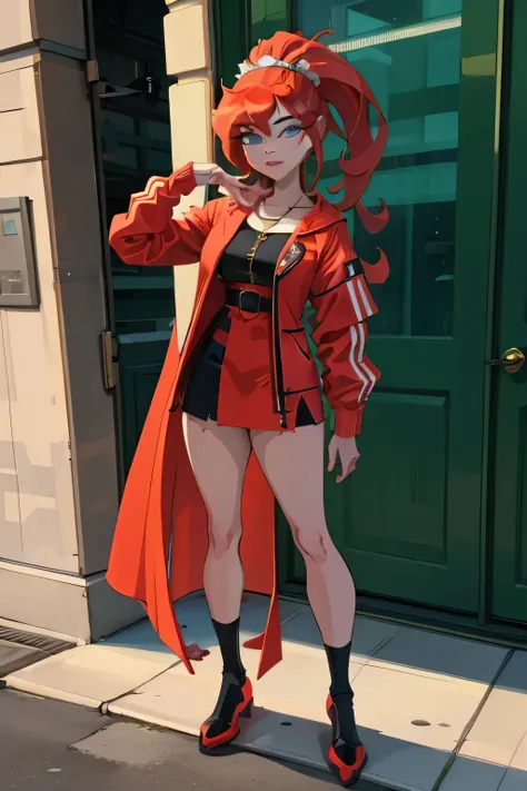 A highly detailed and realistic 3D model of a young woman standing confidently in front of an orange wall. She has red hair styled in two ponytails and blue eyes.. She wears a red jacket over a black dress., black gloves, and white socks up to the thighs. ...