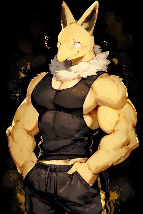 Furry, Anthro, solo, Hypno, Male, (((muscular body, massive male pectorals, yellow-gold skin, fluffy neck, wearing white fur around neck))), ((((massive biceps, wide-eyed, head tilted, jojo pose)))), ((((((massive bulky torso, happy, wearing black full mal...