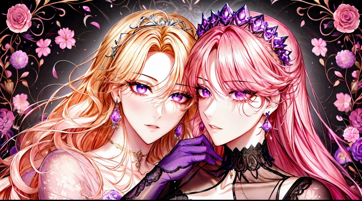 Kuroume_1024, ((shoujo-style, floral background, romance manhwa)), (close up), (2girls aligned:1.2), couple, pink hair, platinum-blonde hair, solo, long hair, flower, dress, thick eyeblows, flower, straight hair, blaid, closed mouth, collarbone, breast, (c...