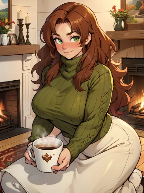 girl redhead green eyes wavy hair curly hair voluminous hair joyful cozy indoors brown sweater home warm fireplace massive breasts thick blush fur carpet coffee mug 