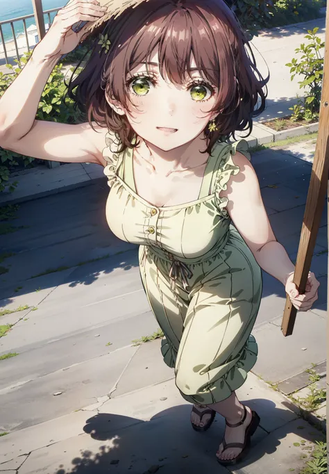 seven days, aoi hinami, short hair, bangs, brown hair, (green eyes:1.5), smile,straw hat,sleeveless dress,bare arms,long skirt,c...