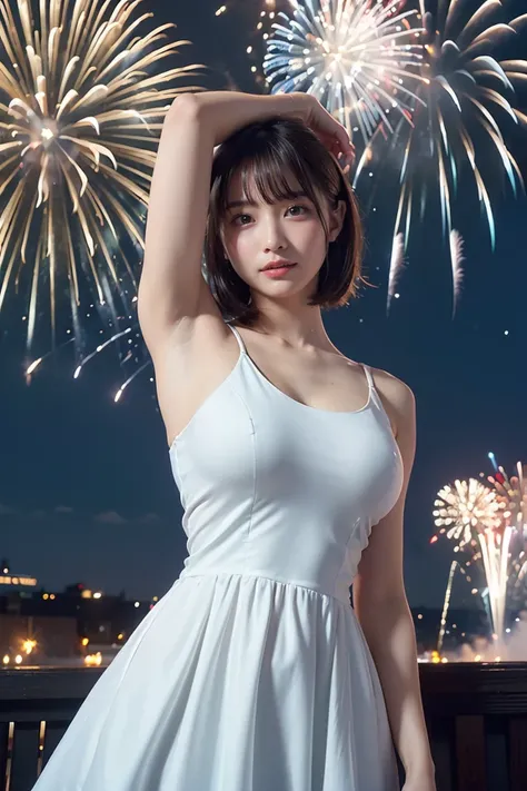 (body fit tube_top_dress:1.5), offshoulder, silk, (Show both armpits:1.4), (One girl), (Happy, A soft smile:1.2), (huge breasts:1.3), young woman, , (detailed face), Very fine and delicate eyes, Clean and shiny lips, ((Brown Natural Bob Hair)), night, nigh...