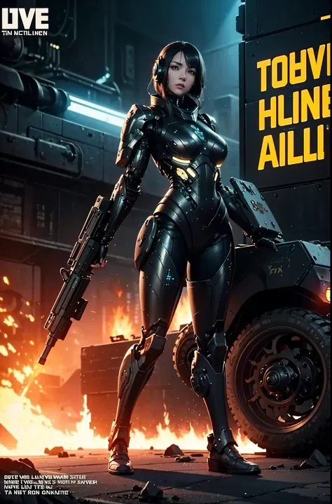 Armored tank and Lovecraftian gal, huge tank military style, キャタピラ, sexy cyborg body part, gal lift up tank and moving, magazine cover, poster art , Lovecraftian creative creatures, hint of vibrant, bold huge text, matted design layout. technological eleme...