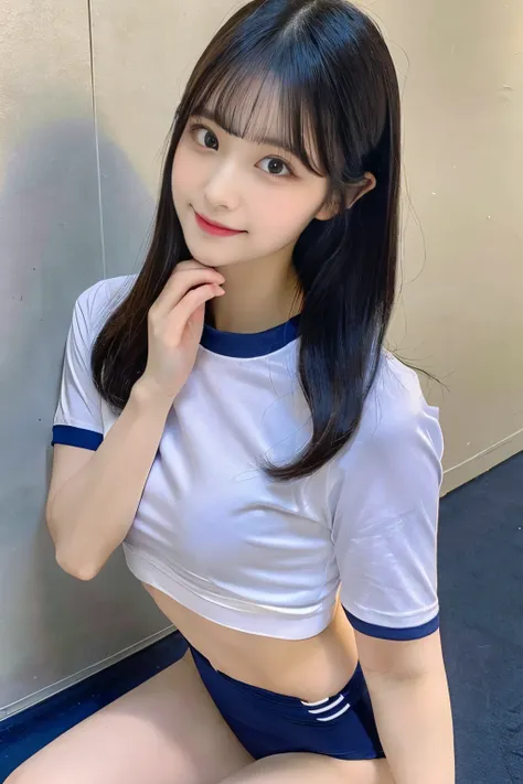 blue buruma,burumashorts,cute face,big eyes,drooping eyes,thin eyebrows,thin lips,large eye bags, medium hair,black hair,eyes,(pretty classmate:1.5),tight-fit school gym wear,(thin_fabric_short_sleeves_t-shirt:1.3),(high-leg thong low-rise small bloomers:1...