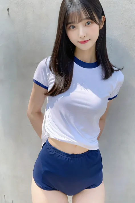 blue buruma,burumashorts,cute face,big eyes,drooping eyes,thin eyebrows,thin lips,large eye bags, medium hair,black hair,eyes,(pretty classmate:1.5),tight-fit school gym wear,(thin_fabric_short_sleeves_t-shirt:1.3),(high-leg thong low-rise small bloomers:1...