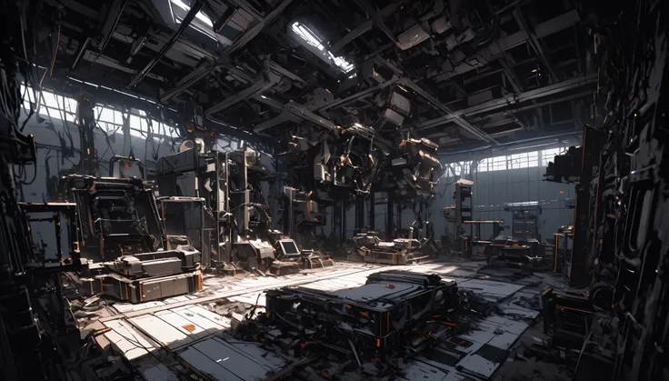 dark, robotics laboratory, futuristic, mechanical device, disassembled robot, tools, rectangular room, indoors