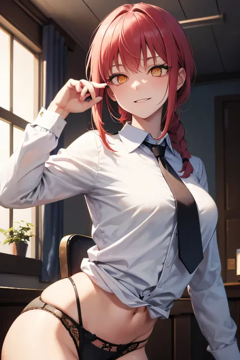 Makima, Makima, Long hair, malicious  Bangs, (Small breasts:1.2), (Yellow eyes:1.2), braid, Red hair , smug smile evil , braided ponytails, Ringed Eyes, BREAK  shirt, Long sleeves,  White shirt desabotoado , black  bra , neck tie, Collared shirt, thong pan...