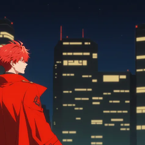 score_9_up, score_8_up, score_7_up,(anime screencap:1.0), source_anime, 1boy, solo, handsome, red hair, red eyes, long coat, red long coat, highly detailed, vivid colors, night, futuristic city, 