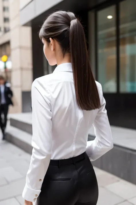 Back view of a teen girl in a tight pantsuit, business fashion, white shirt, formal fashion, small hip, slim body, The face turns around and looks this way