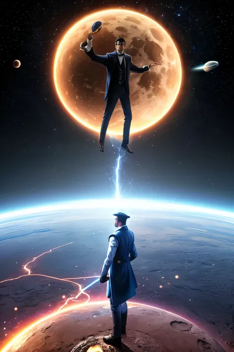 a magical world with a main character at the center, use Nikola Tesla as the main character and create a universe and planets full of graphic elements filled with magic in his background